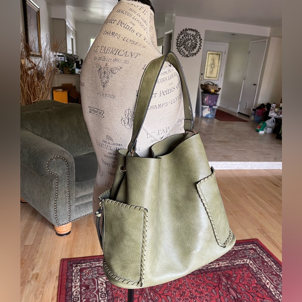 Olive Green Leather Bucket Bag w/ Stylish Zippered Pockets - Picture 6 of 12